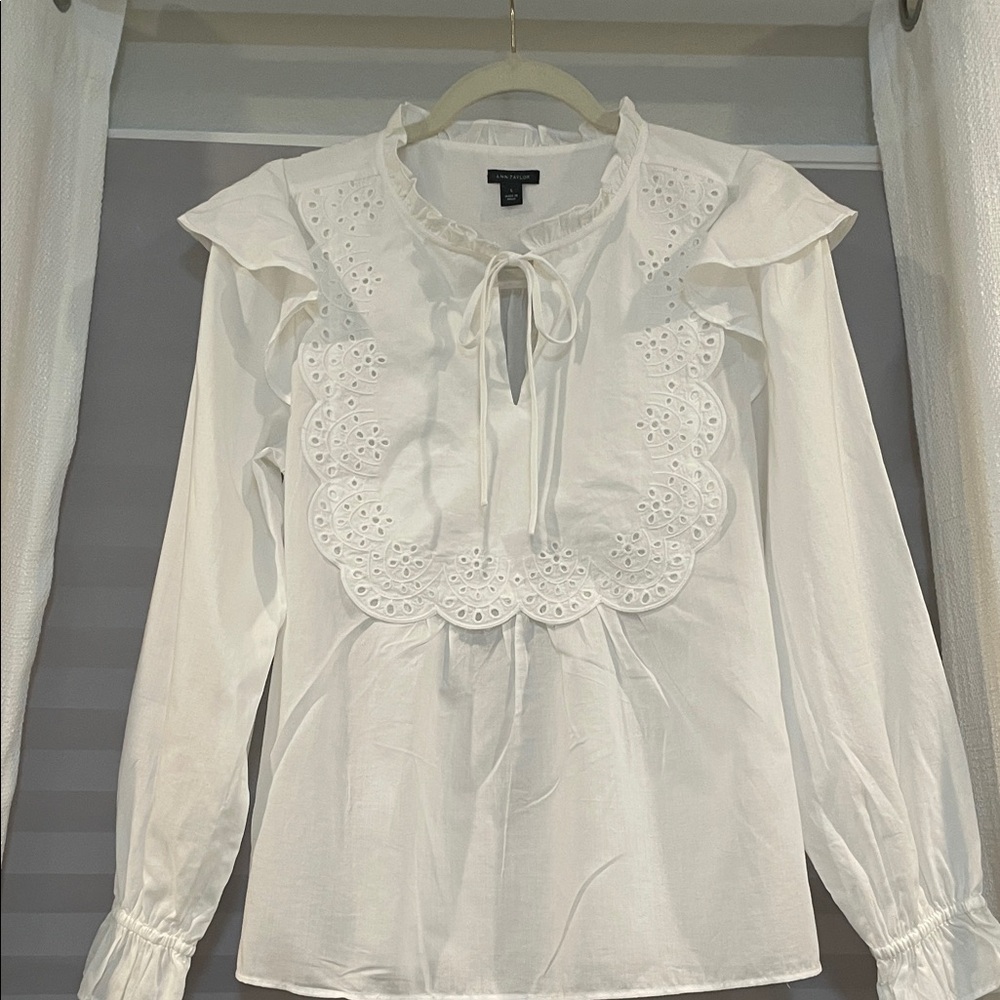 Ann Taylor White Ruffle Eyelet Blouse
